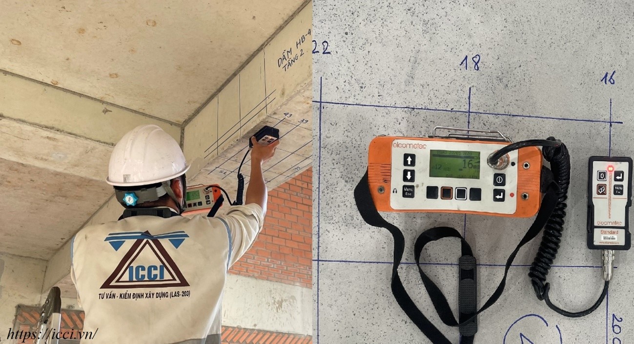 Hình ảnh ICCI sử dụng máy đo xác định chiều dày lớp bê tông bảo vệ cốt thép. Xác định số lượng, vị trí và ước tính đường kính cốt thép (đầu đo cốt thép bằng điện từ) khi kiểm định xây dựng